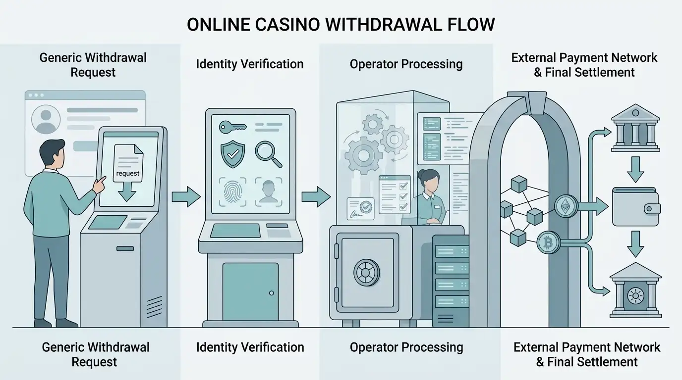 Concept illustration of a withdrawal request moving through verification, operator processing and payment settlement stages