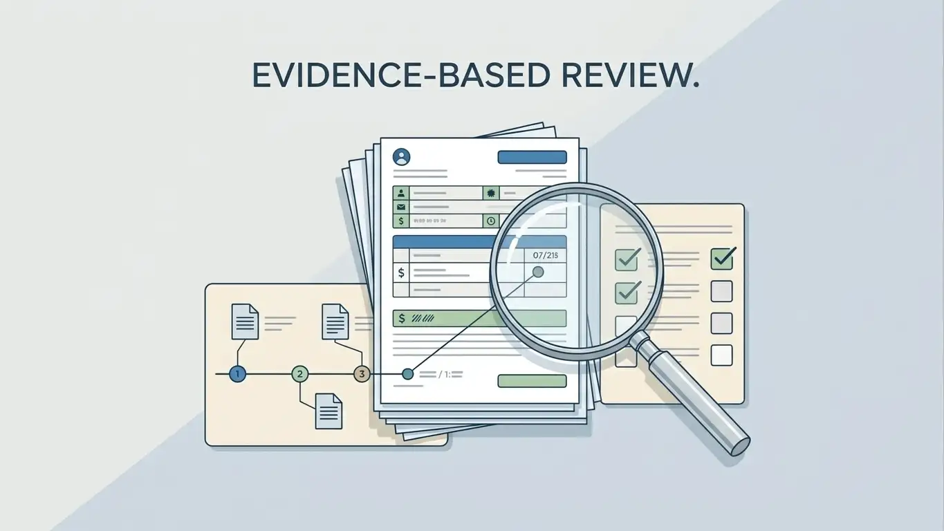 Editorial illustration of support tickets, complaint records and evidence checking