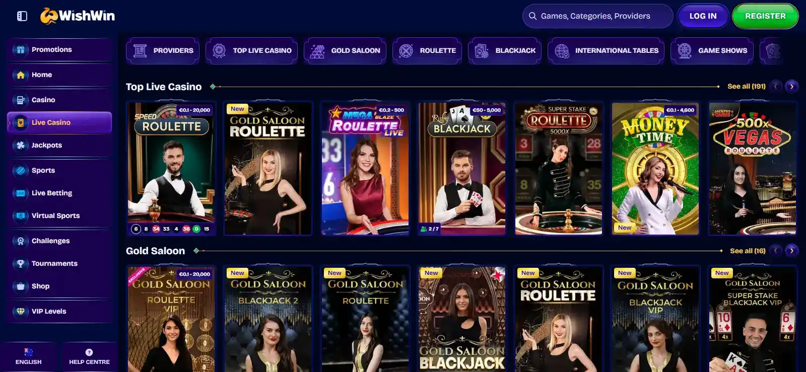 WishWin live casino lobby showing current dealer-led game categories