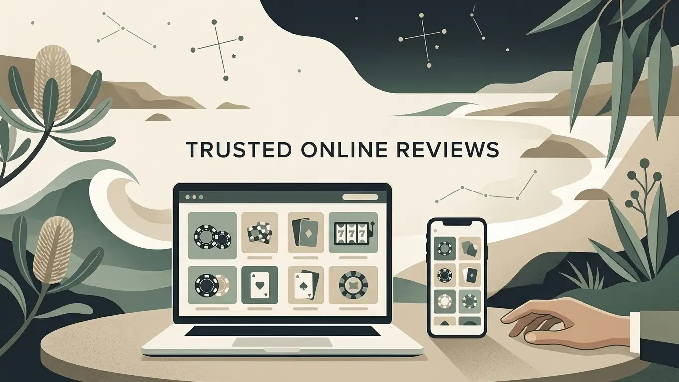 Editorial illustration of an online casino interface with subtle Australian visual cues