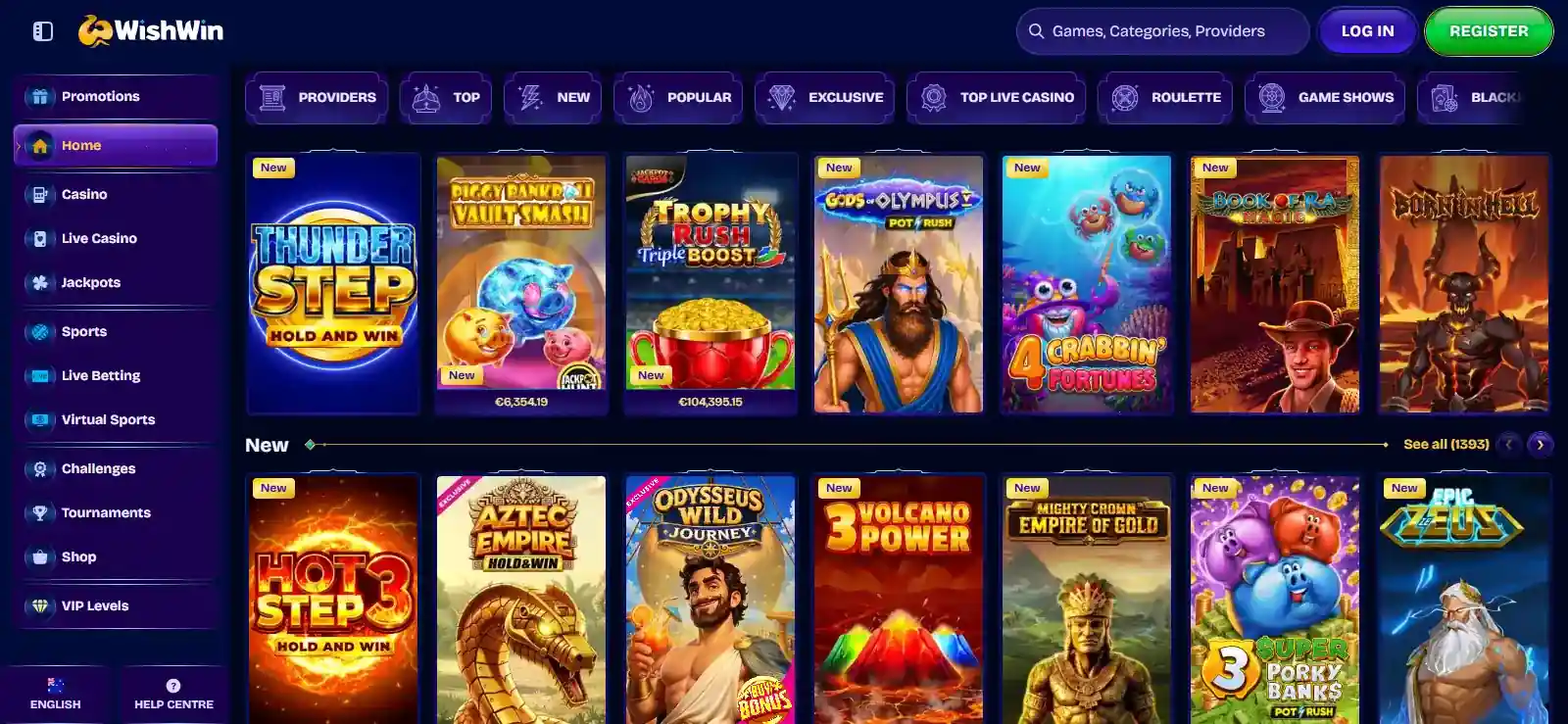 WishWin Australia-facing homepage and casino lobby